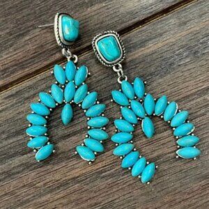 Southwestern Blue Turquoise Squash Blossom Silver Drop Earrings Western Boho